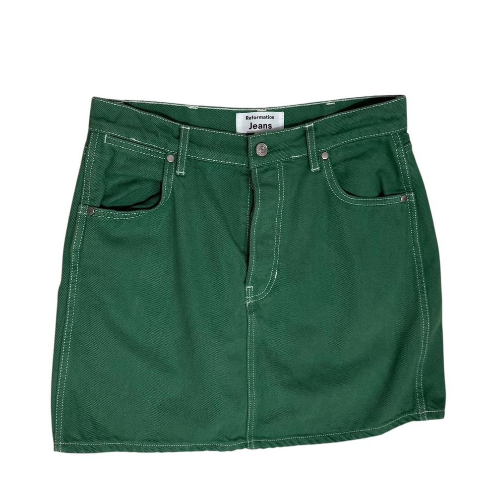Reformation Cowboy High Rise Denim Mini Skirt Size 29 Button Fly Grass Green